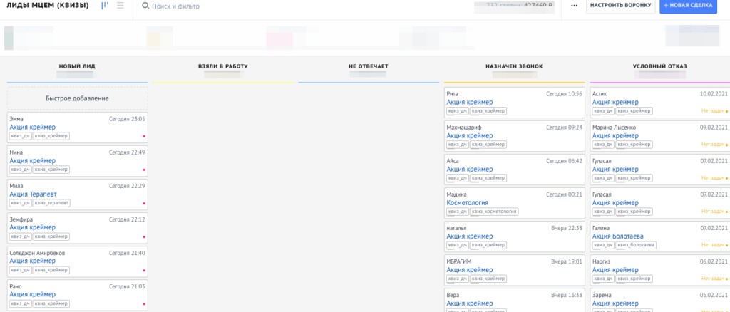 стадии воронки продаж в AmoCRM медицинского центра
